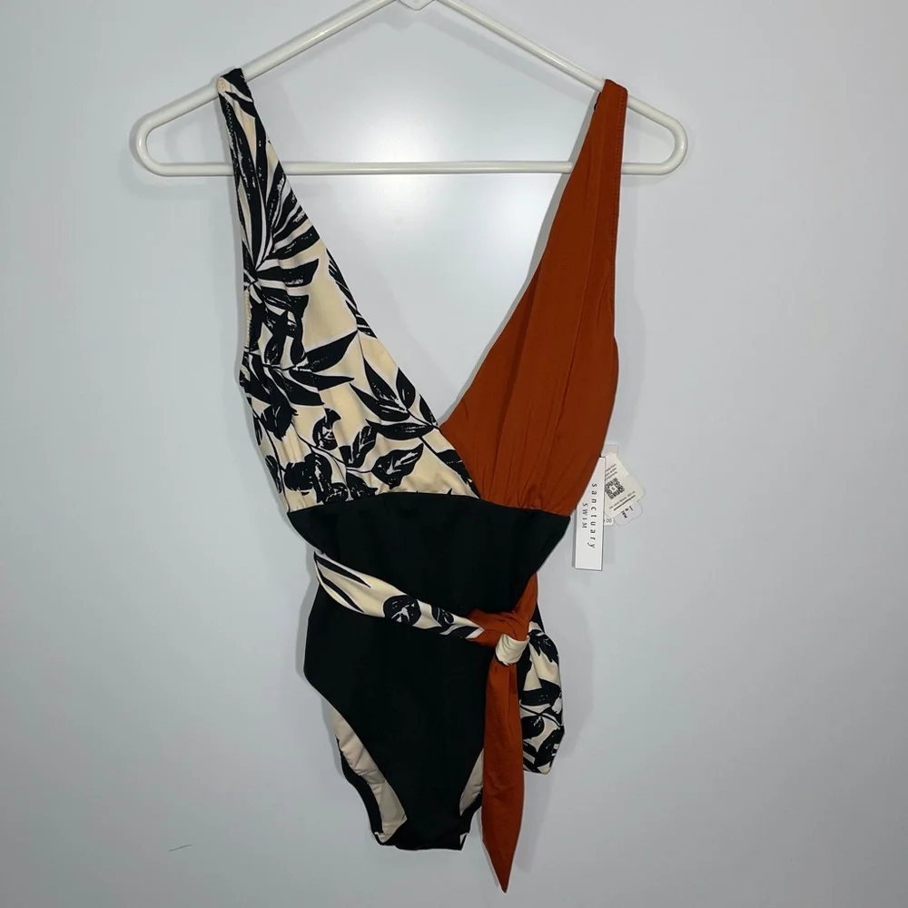 Sanctuary NWT Womens Plunge MIO Tie Front Once‎ Peice Swimsuit Sz Small